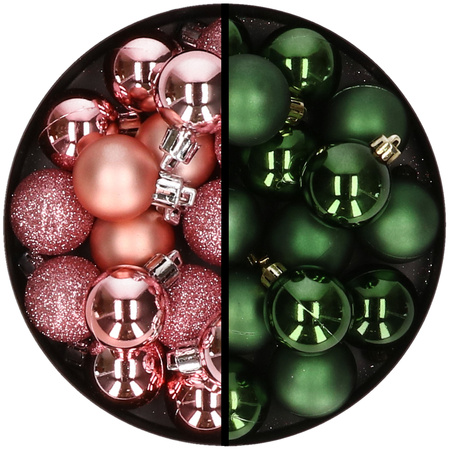 36x stuks kunststof kerstballen roze en donkergroen 3 en 4 cm