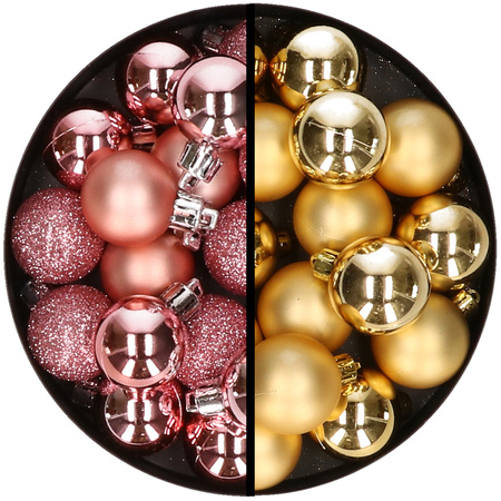 36x stuks kunststof kerstballen roze en goud 3 en 4 cm