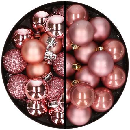 36x pcs plastic christmas baubles pink and dusty pink 3 and 4 cm