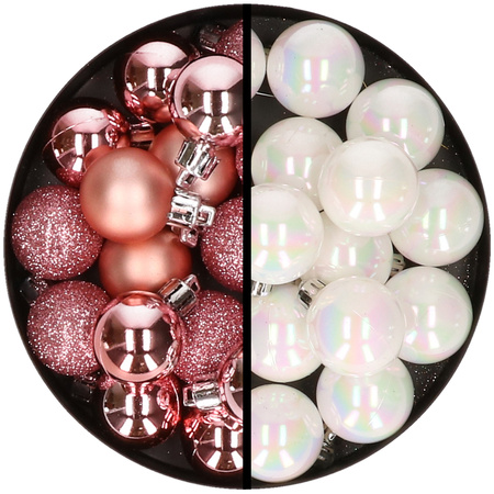 36x stuks kunststof kerstballen roze en parelmoer wit 3 en 4 cm