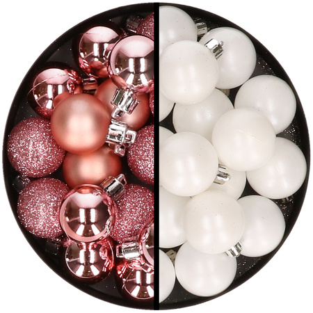 36x stuks kunststof kerstballen roze en wit 3 en 4 cm