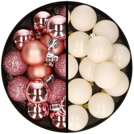 36x stuks kunststof kerstballen roze en wol wit 3 en 4 cm