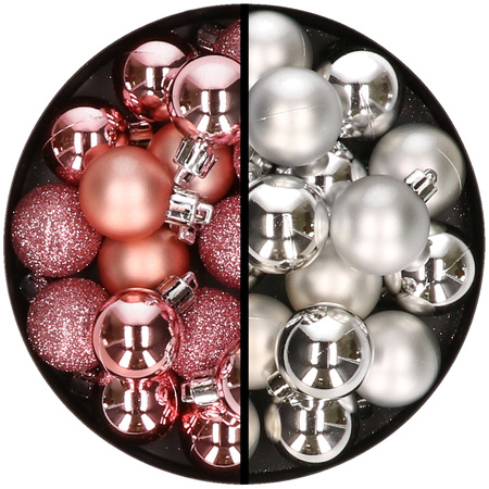 36x pcs plastic christmas baubles pink and silver 3 and 4 cm