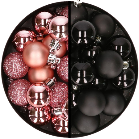 36x stuks kunststof kerstballen roze en zwart 3 en 4 cm