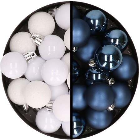 36x pcs plastic christmas baubles white and dark blue 3 and 4 cm