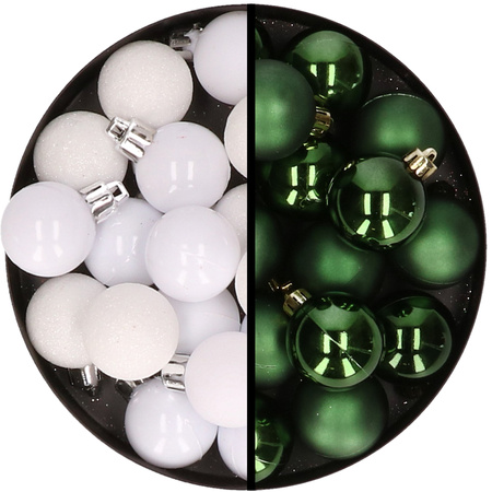 36x pcs plastic christmas baubles white and dark green 3 and 4 cm