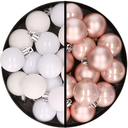 36x pcs plastic christmas baubles white and light pink 3 and 4 cm