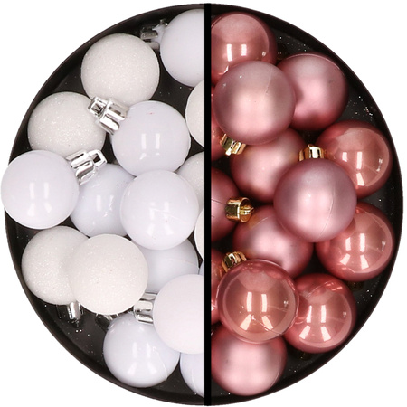 36x pcs plastic christmas baubles white and dusty pink 3 and 4 cm