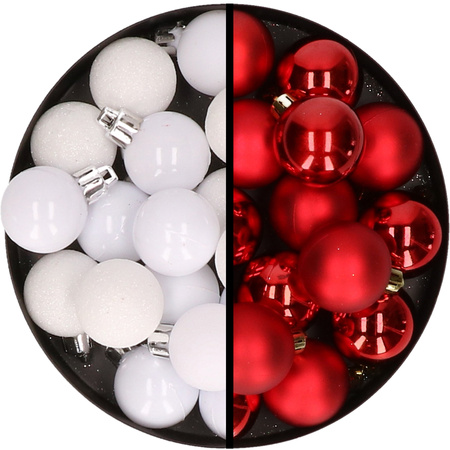36x stuks kunststof kerstballen wit en rood 3 en 4 cm