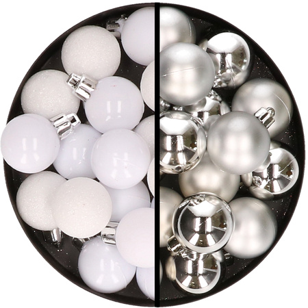 36x pcs plastic christmas baubles white and silver 3 and 4 cm