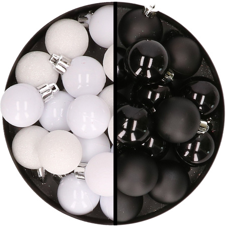 36x pcs plastic christmas baubles white and black 3 and 4 cm