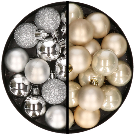 36x stuks kunststof kerstballen zilver en champagne 3 en 4 cm