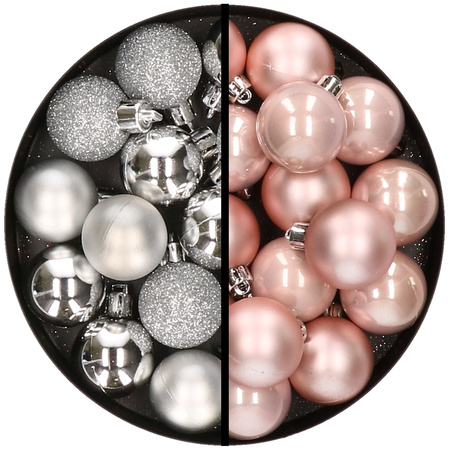 36x stuks kunststof kerstballen zilver en lichtroze 3 en 4 cm