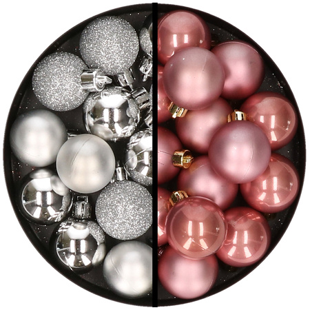 36x stuks kunststof kerstballen zilver en oudroze 3 en 4 cm