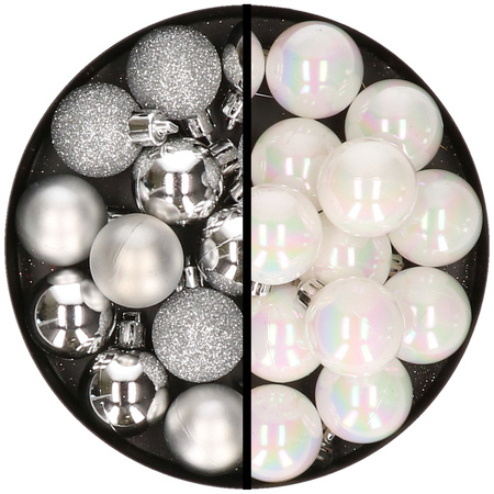 36x stuks kunststof kerstballen zilver en parelmoer wit 3 en 4 cm