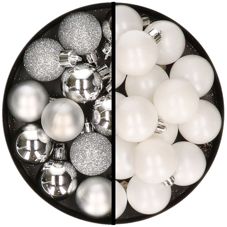 36x stuks kunststof kerstballen zilver en wit 3 en 4 cm