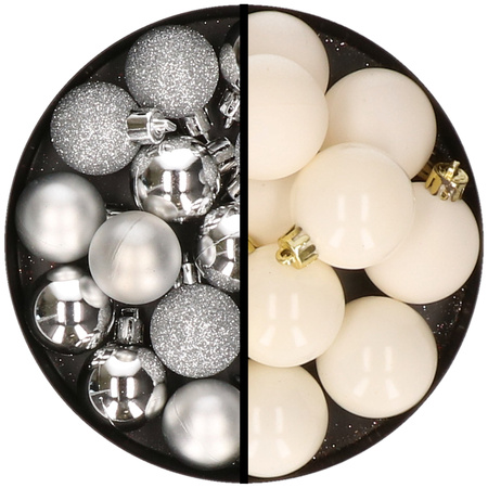36x stuks kunststof kerstballen zilver en wol wit 3 en 4 cm
