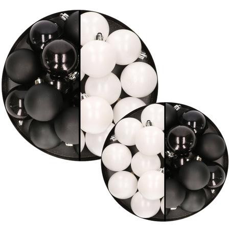 36x pcs plastic christmas baubles black and white 6 and 8 cm
