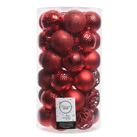 37x Kunststof kerstballen mix kerst rood 6 cm kerstboom versiering/decoratie