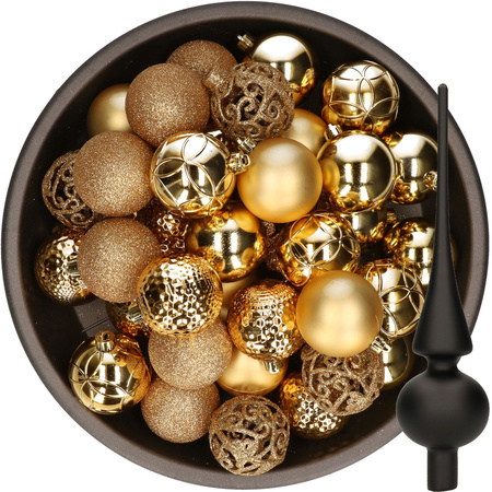 37x stuks kunststof kerstballen 6 cm goud incl. glazen piek mat zwart