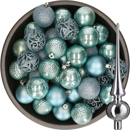 37x stuks kunststof kerstballen 6 cm ijsblauw incl. glazen piek glans zilver