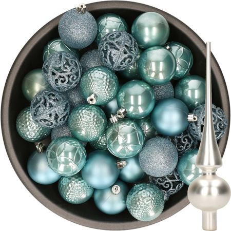 37x pcs plastic christmas baubles 6 cm icy blue and glass topper silver