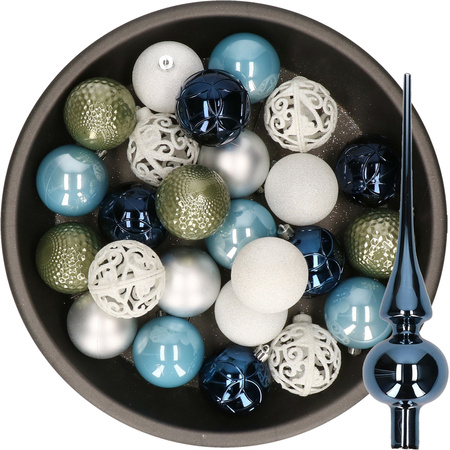 37x stuks kunststof kerstballen 6 cm incl. glazen piek blauw-wit-zilver-groen