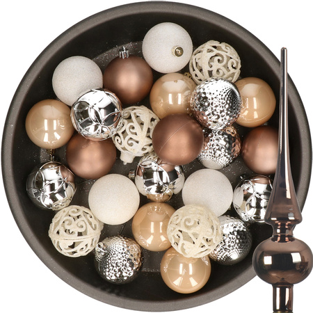 37x pcs plastic christmas baubles 6 cm and glass topper brown-silver-white