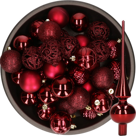 37x stuks kunststof kerstballen 6 cm incl. glazen piek glans donkerrood