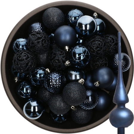 37x stuks kunststof kerstballen 6 cm incl. glazen piek mat donkerblauw