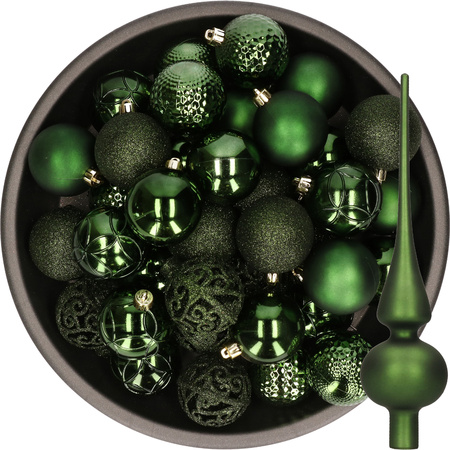 37x pcs plastic christmas baubles 6 cm and glass topper dark green