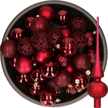 37x pcs plastic christmas baubles 6 cm and glass topper dark red