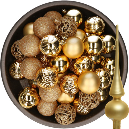 37x stuks kunststof kerstballen 6 cm incl. glazen piek mat goud