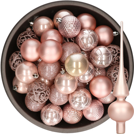 37x pcs plastic christmas baubles 6 cm and glass topper light pink