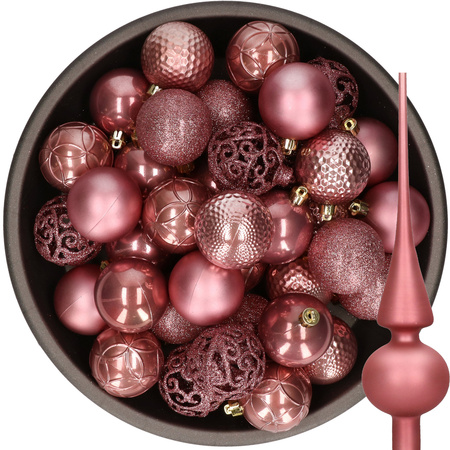 37x pcs plastic christmas baubles 6 cm and glass topper dusty pink