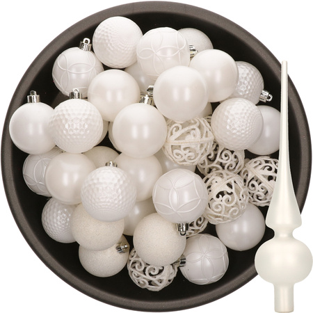 37x pcs plastic christmas baubles 6 cm and glass topper white