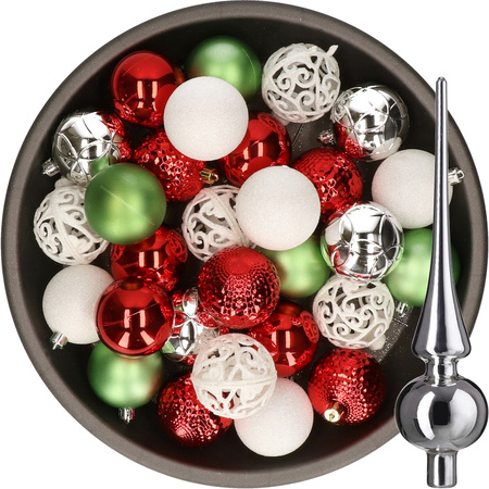 37x stuks kunststof kerstballen 6 cm incl. glazen piek wit-rood-zilver-groen