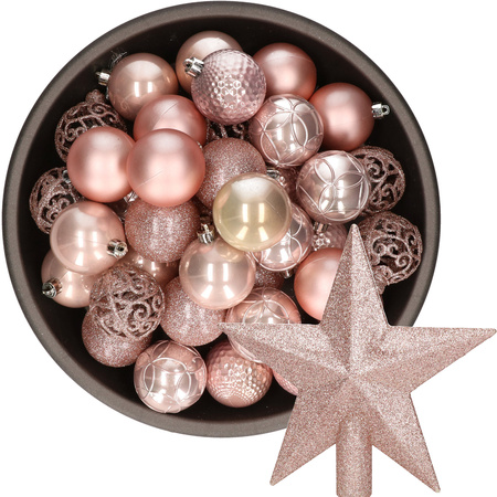 37x pcs plastic christmas baubles 6 cm and star topper light pink
