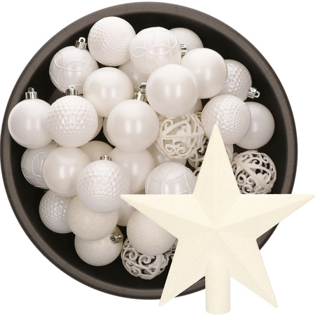 37x pcs plastic christmas baubles 6 cm and star topper white