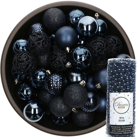 37x stuks kunststof kerstballen 6 cm inclusief kralenslinger donkerblauw
