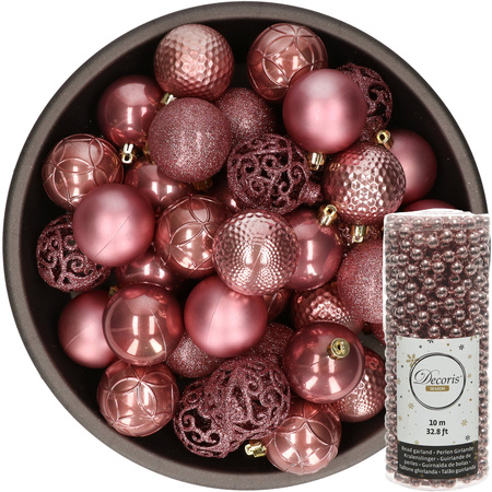 37x stuks kunststof kerstballen 6 cm inclusief kralenslinger oudroze