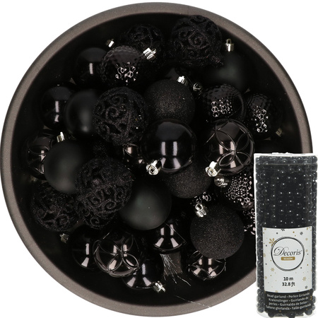 37x stuks kunststof kerstballen 6 cm inclusief kralenslinger zwart