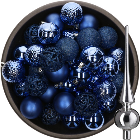 37x stuks kunststof kerstballen 6 cm kobalt blauw incl. glazen piek glans zilver