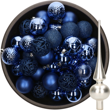 37x pcs plastic christmas baubles 6 cm cobalt blue and glass topper silver