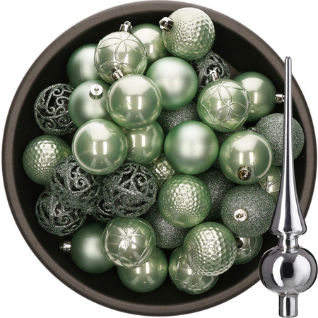 37x stuks kunststof kerstballen 6 cm mintgroen incl. glazen piek glans zilver