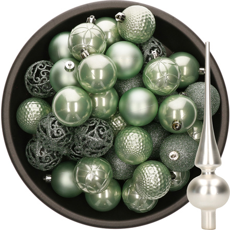 37x stuks kunststof kerstballen 6 cm mintgroen incl. glazen piek mat zilver