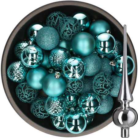 37x stuks kunststof kerstballen 6 cm turquoise incl. glazen piek glans zilver