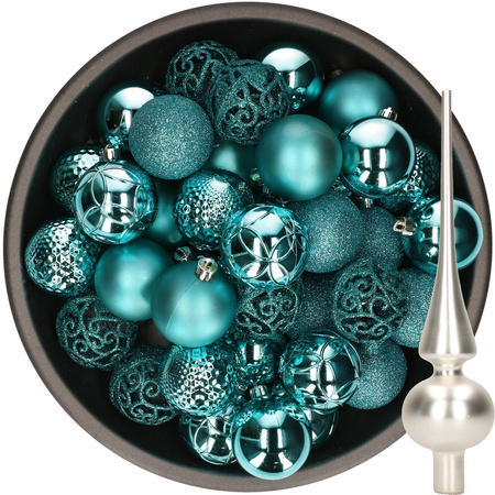 37x pcs plastic christmas baubles 6 cm turquoise and glass topper silver