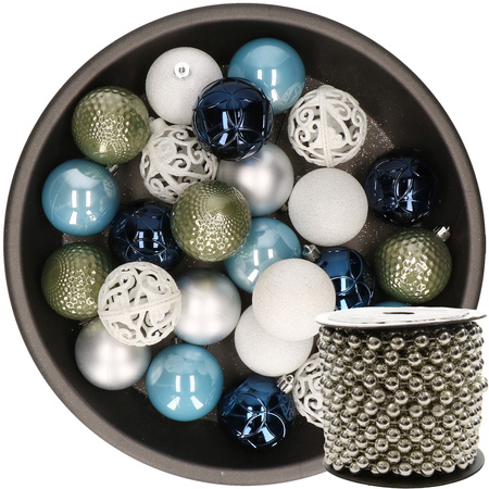 Plastic christmas baubles 6 cm white/green/silver/blue incl. bead garland
