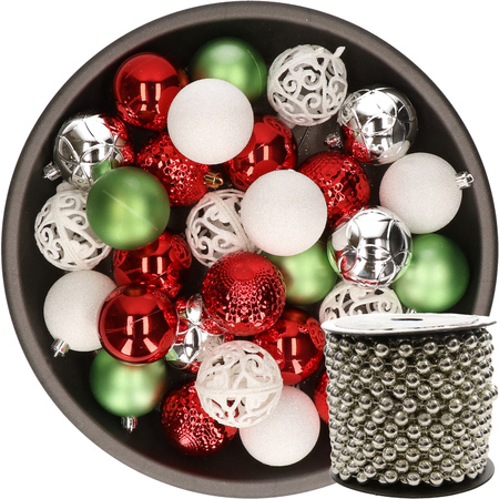 Plastic christmas baubles 6 cm white/red/green/silver incl. bead garland